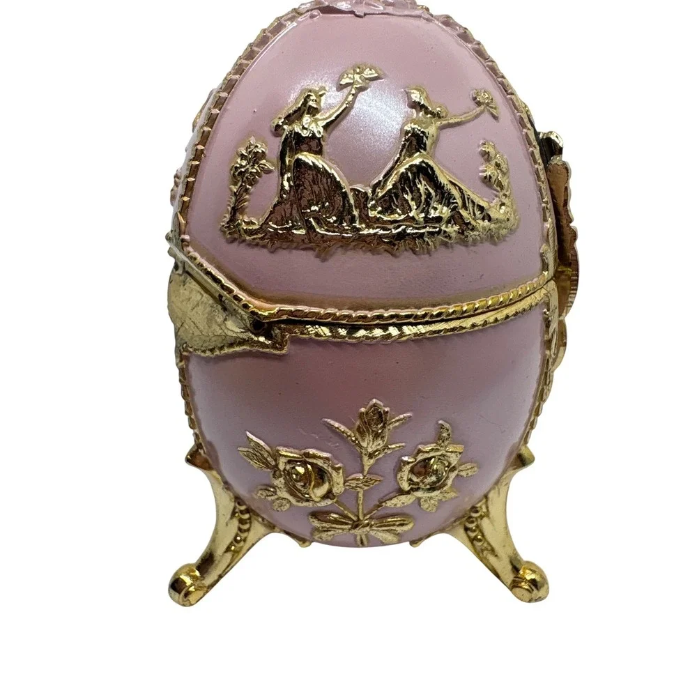 Ornate Pink Egg Picture Frame Trinket Box Goldtone Ornate Rococo Music Box Japan